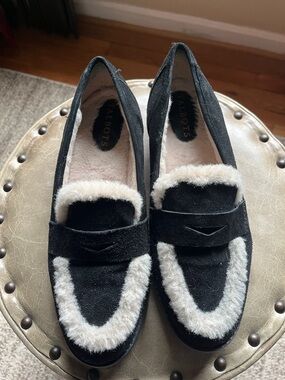 Talbots Black Suede Loafers with Cream Faux-Shearling Trim, 8.5 woman size,